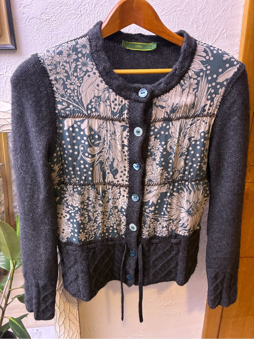 Oilily Dark Gray Knit Cardigan with Teal Floral Panels